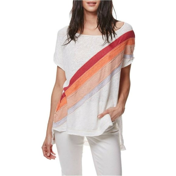 Free People Tops - We The Free Thien Tee Hi-Lo Texture Basic T-Shirt Off White With Stripes Size M